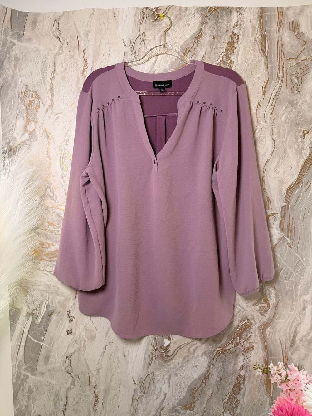 Fortune + Ivy Women's Purple Studded Split Neck Long Sleeve Blouse XXL